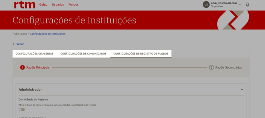 Aba Configurações de Registro de Fundos